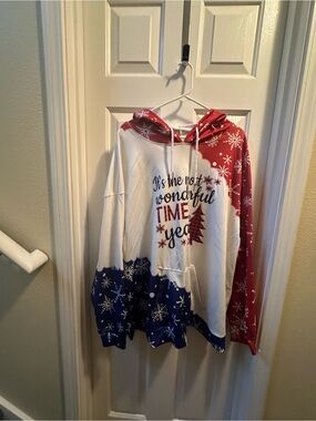 Holiday Colorblock Hoodie - Red, White & Blue Snowflake Print